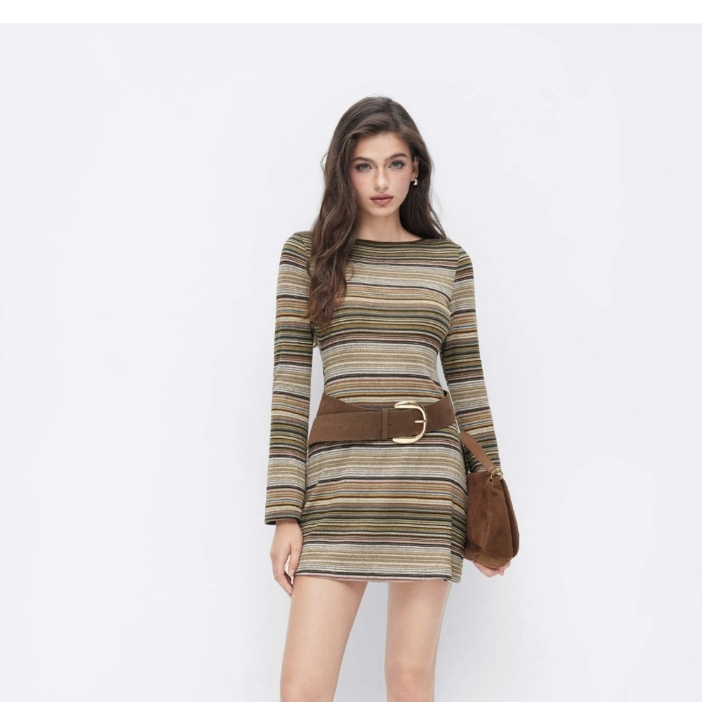 Cider Striped Long-Sleeve Mini Dress in Olive, Brown, and Cream